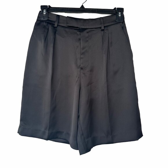 ⭐Women Satin Bermuda Short Sz 2 High-Waist Pleated Black Belt Loops Rear Pockets - Picture 1 of 8